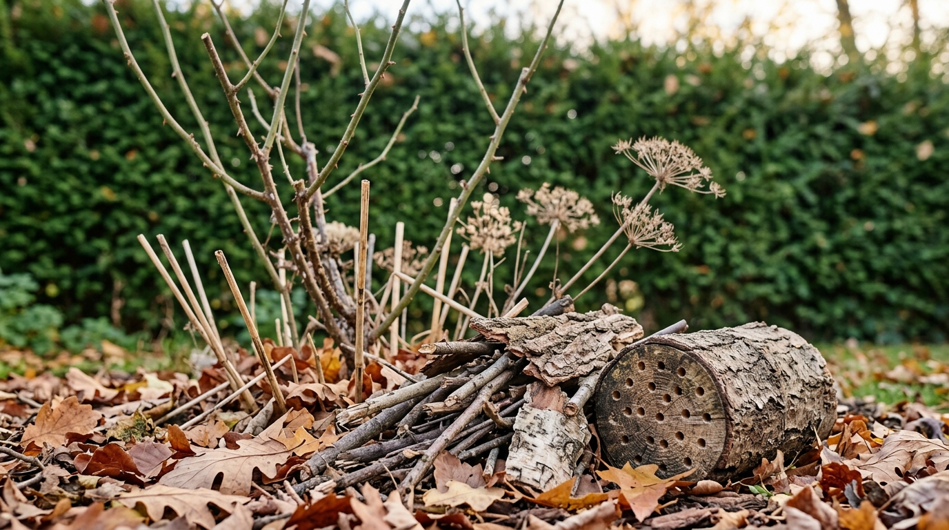 hivernage-des-auxiliaires Überwinterungsunterkunft für Nützlinge im Garten: Reisighaufen, Rindenstücke und ein durchbohrter Holzklotz am Fuß eines beschnittenen Rosenstocks im Herbst